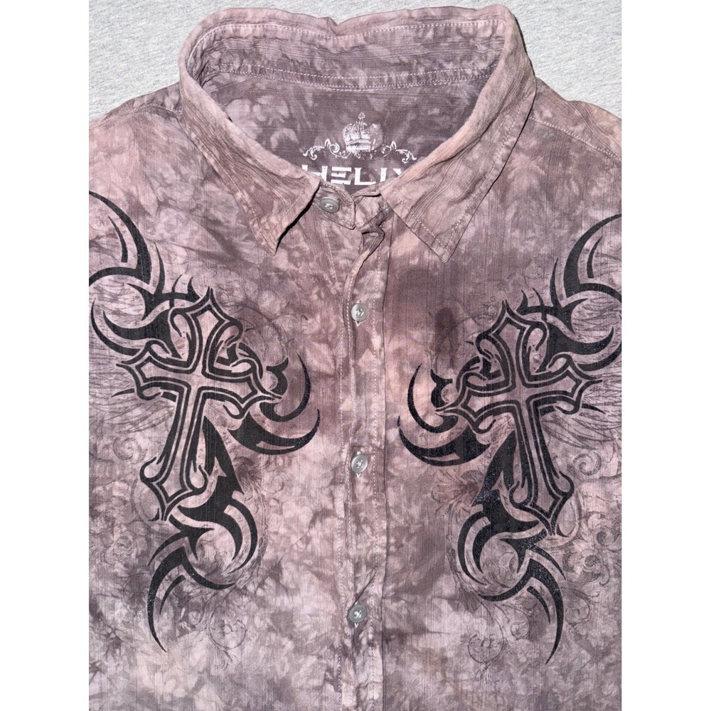 Helix Mens Shirt Brown Tie Dye Tribal Cross Graphic Size Large Y2K Grunge Street